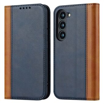 For Samsung Galaxy S23 Calf Texture PU Leather Bi-color Splicing Case Strong Magnetic Suction Stand Wallet Phone Cover