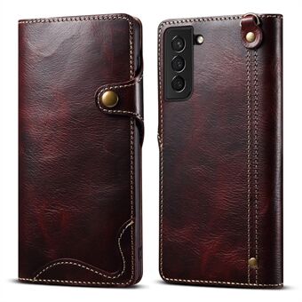 For Samsung Galaxy S23 Oil Wax Texture Magnetic Button Closure Phone Case Genuine Leather Wallet Cover with Strap