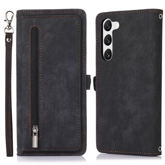 For Samsung Galaxy S23 Zipper Pocket Wallet 9 Card Slots Multifunctional Phone Case PU Leather Stand Phone Cover with Wrist Strap