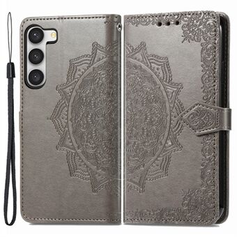 For Samsung Galaxy S23 Mandala Pattern Embossed PU Wallet Folio Case Stand Shockproof Protection Cover with Strap
