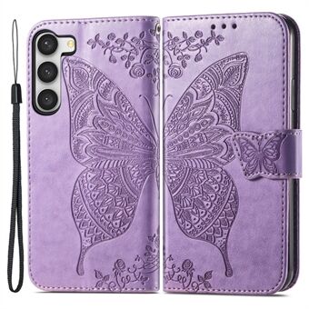Imprinted Butterfly Pattern Phone Case for Samsung Galaxy S23, PU Leather + TPU Wallet Stand Full Protection Phone Cover with Strap