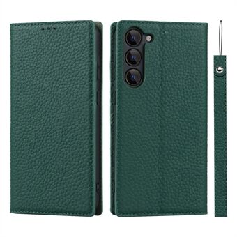 For Samsung Galaxy S23 Shockproof Litchi Texture Phone Case Flip Genuine Leather Wallet Stand Phone Protective Cover with Hand Strap
