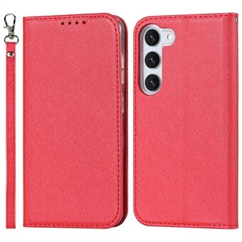 For Samsung Galaxy S23 Shockproof Phone Case PU Leather Silk Texture Phone Cover Wallet Stand with Wrist Strap