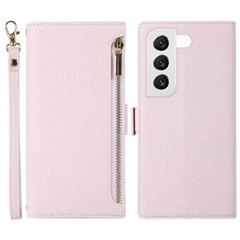 PU Leather Cell Phone Cover For Samsung Galaxy S23, Litchi Texture Zipper Pocket Anti-scratch Phone Case Stand Wallet with Strap