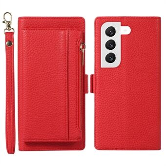 For Samsung Galaxy S23 Detachable Zipper Wallet Phone Case Litchi Texture PU Leather Stand Magnetic Cover with Strap