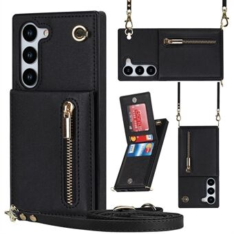 Phone Case For Samsung Galaxy S23 Leather+TPU Phone Cover Kickstand Zipper Wallet with Shoulder Strap