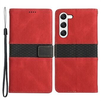 For Samsung Galaxy S23 Grid Splicing PU Leather Folio Stand Cover Magnetic Flip Wallet Phone Case with Strap