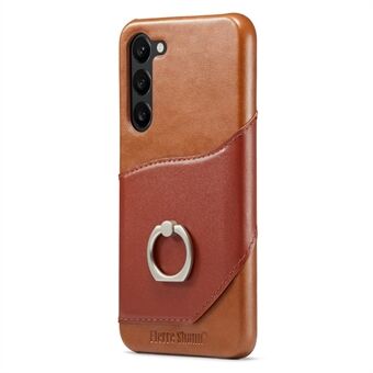 FIERRE SHANN For Samsung Galaxy S23 Rotary Ring Kickstand Phone Case Card Holder Genuine Leather+PC Cover