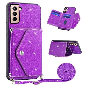 Glitter Phone Case for Samsung Galaxy S23 Kickstand Card Holder Leather Coated TPU Cover with Shoulder Strap