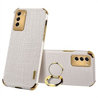 For Samsung Galaxy S23 Ring Kickstand Phone Case Precise Cutout Crocodile Texture Leather Coated TPU Electroplated Cover