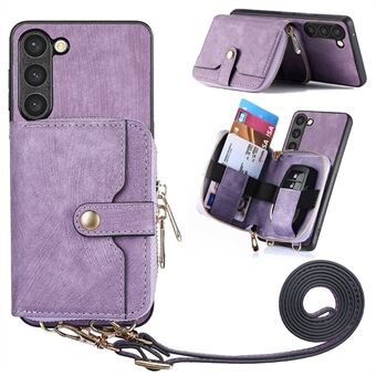 Zipper Wallet Kickstand Case for Samsung Galaxy S23 , PU Leather+PC+TPU Phone Cover with Lanyard
