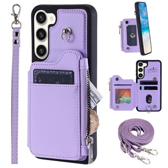 009 For Samsung Galaxy S23 PU Leather Coated TPU Zipper Phone Case Wallet Kickstand RFID Blocking Cover with Straps