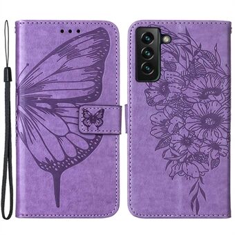 YB Imprinting Series-4 for Samsung Galaxy S23+ Butterfly Flower Imprinted PU Leather Wallet Case Drop-proof Flip Stand Cover with Strap