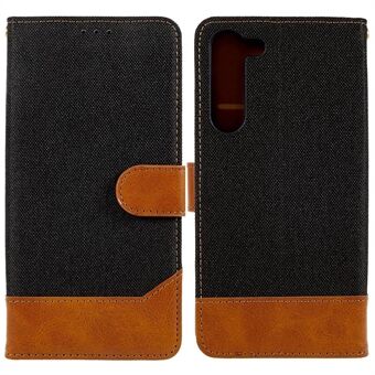 For Samsung Galaxy S23+ Calf Texture PU Leather Splicing Jeans Cloth Phone Cover Stand Wallet Folio Flip Case