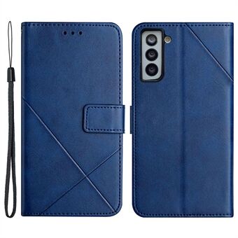 For Samsung Galaxy S23+ Drop-proof Line Imprinting Phone Case Solid Color PU Leather Magnetic Clasp Wallet Stand Flip Cover with Strap