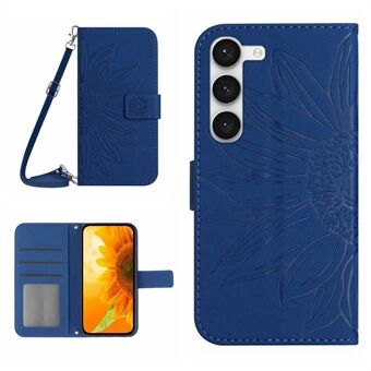 For Samsung Galaxy S23+ HT04 Imprinted Sunflower PU Leather Case Wallet Stand Skin-Touch Phone Cover with Shoulder Strap