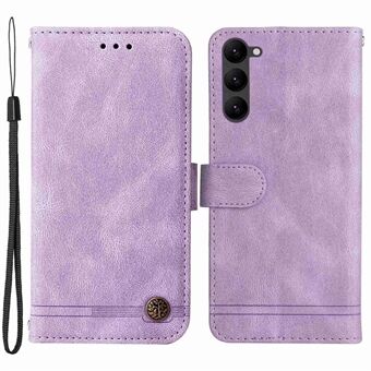 For Samsung Galaxy S23+ Flip Leather Wallet Case Stand Tree Pattern Metal Button Lines Imprinted Skin-touch Anti-fall Phone Cover with Strap