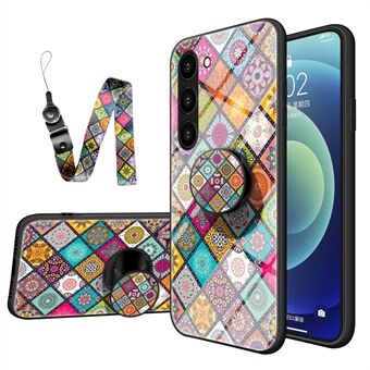 For Samsung Galaxy S23+ Anti-scratch Phone Cover Kickstand Flower Pattern Tempered Glass + PC + TPU Drop-proof Phone Case with Lanyard