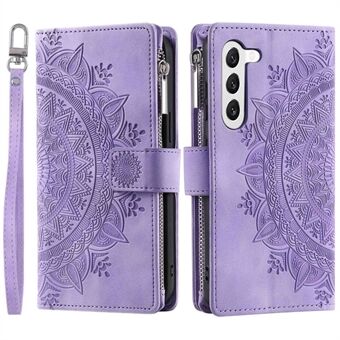 Zipper Pocket Phone Case for Samsung Galaxy S23+, Mandala Flower Imprinted PU Leather Stand Cover Multiple Card Slots Wallet