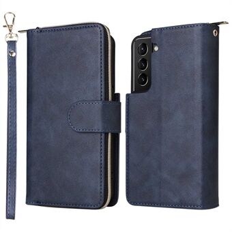 For Samsung Galaxy S23+ Full Protection Stand Wallet Phone Flip Case PU Leather Magnetic 9 Card Holder Slots Zipper Pocket Cover with Strap