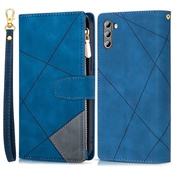 Anti-Fall Phone Case for Samsung Galaxy S23+ Color Splicing Stand Wallet Leather Cover Imprinting Lines Shockproof Case with Zipper Pocket
