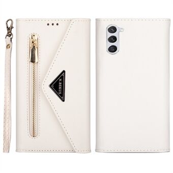 For Samsung Galaxy S23+ Zipper Pocket PU Leather Case Wallet Stand Skin-touch Feeling Phone Cover with Short + Long Strap