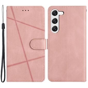 For Samsung Galaxy S23+ Crazy Horse Texture PU Leather Wallet Flip Cover Imprinted Lines Stand Closure Shockproof Phone Case with Strap