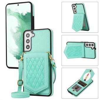 For Samsung Galaxy S23+ Mirror Function Leather Coated TPU Case RFID Blocking Card Holder Kickstand Imprinted Phone Cover with Shoulder Strap