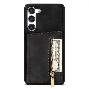 For Samsung Galaxy S23+ Zipper Pocket PU Leather Coated TPU Case Kickstand Wallet Phone Cover