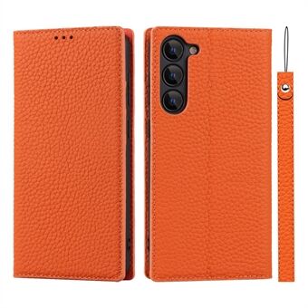 Genuine Leather+TPU Flip Cover for Samsung Galaxy S23+, Litchi Texture Wallet Stand Phone Protective Case Shell with Hand Strap