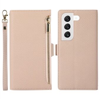 For Samsung Galaxy S23+ Full Protection Phone Case Litchi Texture Zipper Pocket Stand Flip Leather Wallet Phone Cover with Strap