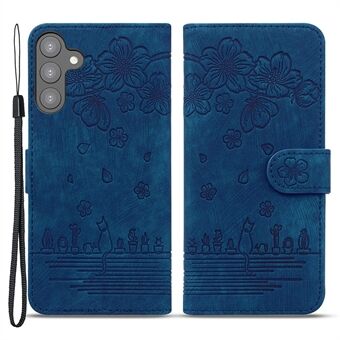 For Samsung Galaxy S23+ Imprinted Flower Cat Phone Protective Shell PU Leather Wallet Case with Strap