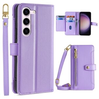 Stand Phone Leather Case for Samsung Galaxy S23+ Zipper Pocket Card Slots Phone Cover with Straps