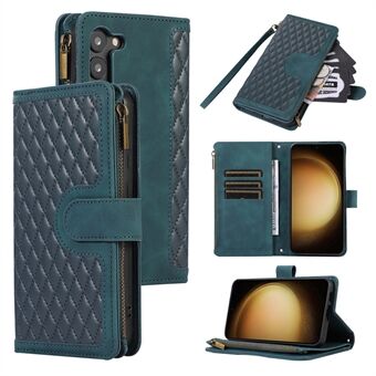 For Samsung Galaxy S23+ Zipper Pocket Leather Wallet Phone Case Rhombus Grid Card Holder Stand Cover