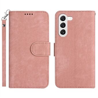 For Samsung Galaxy S23+ Dustproof Phone Case Wallet Stripe Texture PU Leather Stand Folio Cover with Strap