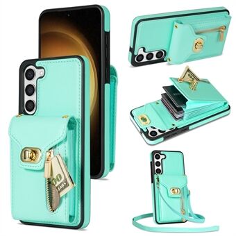 For Samsung Galaxy S23+ Card Slots Zipper Pocket Phone Case Kickstand Leather Coated TPU Cover