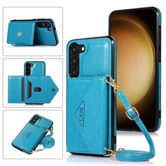 For Samsung Galaxy S23+ Card Holders Phone Case PU Leather Coated TPU Kickstand Cover with Shoulder Strap