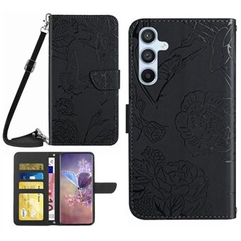 For Samsung Galaxy A54 5G HT03 Butterfly Flowers Imprinted Wallet Phone Case Skin-touch PU Leather Flip Folio Stand Magnetic Cover with Shoulder Strap