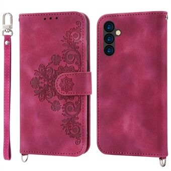 For Samsung Galaxy A54 5G Phone Carrying Wristlet Pouch Wallet Phone Cover Skin-touch Feeling Imprinted Flowers Stand Leather Case with Strap