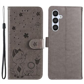 KT Imprinting Flower Series-4 for Samsung Galaxy A54 5G PU Leather Flip Phone Wallet Case Imprinted Cat Bee Flower Stand Shockproof Magnetic Phone Cover with Strap