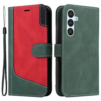 For Samsung Galaxy A54 5G Three-color Splicing PU Leather Phone Wallet Cover Protective Smartphone Case Stand with Strap