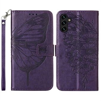YB Imprinting Series-4 For Samsung Galaxy A54 5G PU Leather Stand Phone Cover Butterfly Flower Imprinted Full Protection Wallet Case with Hand Strap
