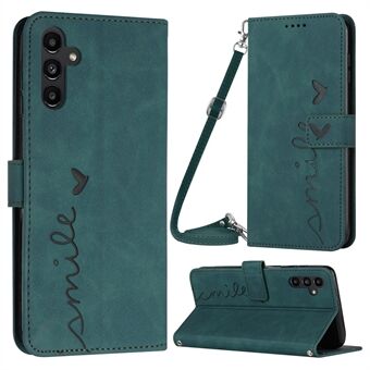 For Samsung Galaxy A54 5G Hands-free Stand PU Leather Wallet Flip Cover Imprinted Heart Shape Skin-touch Feeling Shockproof Phone Case with Shoulder Strap