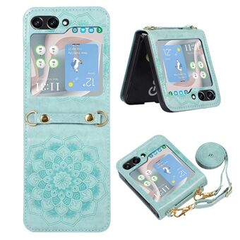 For Samsung Galaxy Z Flip5 5G Flower Imprinted Phone Case Anti-Drop PU Leather PC Cover with Shoulder Strap