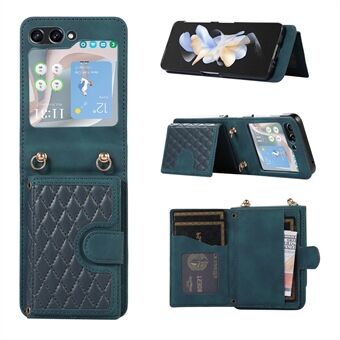 Grid Imprinted Protective Wallet Case for Samsung Galaxy Z Flip5 5G PU Leather PC Phone Cover with Shoulder Strap