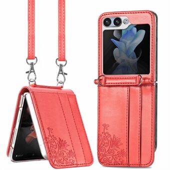 For Samsung Galaxy Z Flip5 5G PU Leather+PC Card Holder Case Flower Imprinted Phone Cover with Shoulder Strap