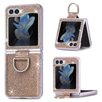 For Samsung Galaxy Z Flip5 5G Glitter Phone Case PU Leather Coated PC Cover with Rhinestone Decor Finger Ring