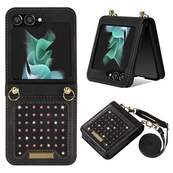 For Samsung Galaxy Z Flip5 5G RFID Blocking Wallet Case PU Leather Coated PC Rhinestone Decor Phone Cover with Lanyard