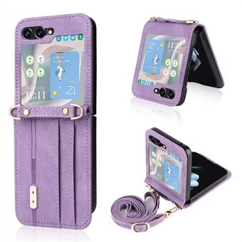 For Samsung Galaxy Z Flip5 5G PU Leather Coated PC Cover Card Holder Folding Phone Case with Long Lanyard