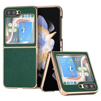 For Samsung Galaxy Z Flip5 5G Genuine Cow Leather Coated PC Phone Case Nano Electroplating Cross Texture Cover